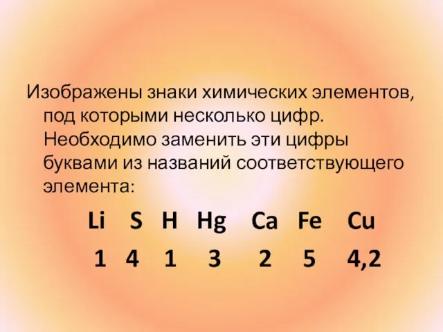 Изображены знаки химических элементов, под которыми несколько цифр. Необходимо заменить эти цифры