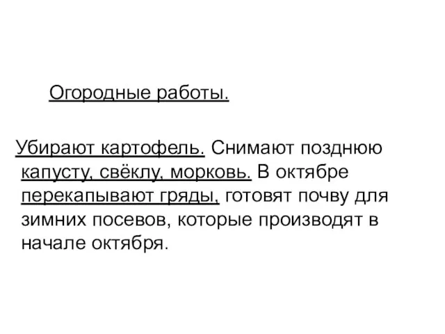 Огородные работы. Убирают картофель. Снимают позднюю капусту, свёклу, морковь. В октябре перекапывают