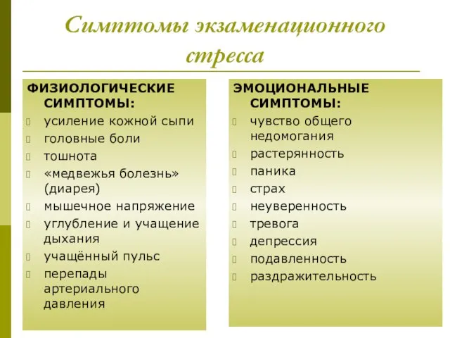 Симптомы экзаменационного стресса ФИЗИОЛОГИЧЕСКИЕ СИМПТОМЫ: усиление кожной сыпи головные боли тошнота «медвежья