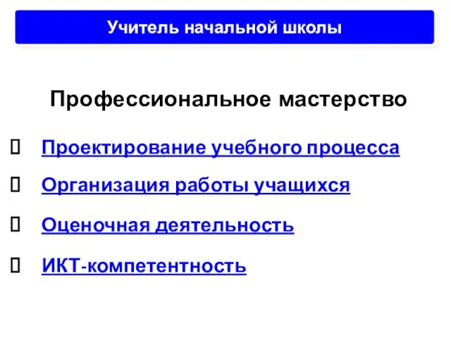 Учитель начальной школы Профессиональное мастерство Проектирование учебного процесса Организация работы учащихся Оценочная деятельность ИКТ-компетентность