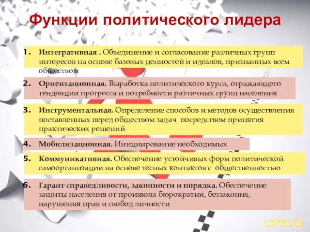 Функции политического лидера Интегративная . Объединение и согласование различных групп интересов на