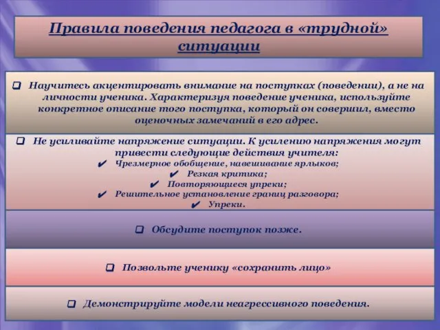 Правила поведения педагога в «трудной» ситуации Научитесь акцентировать внимание на поступках (поведении),