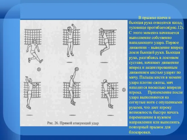 В прыжке плечи и бьющая рука отводится назад, туловище прогибается(рис.12). С этого