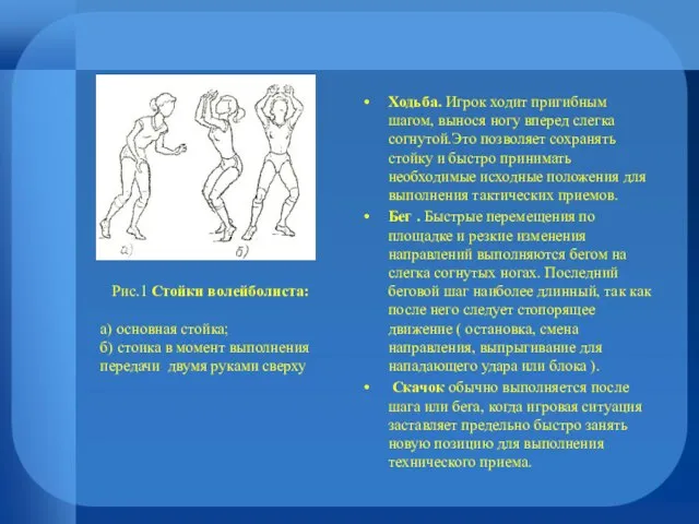 Ходьба. Игрок ходит пригибным шагом, вынося ногу вперед слегка согнутой.Это позволяет сохранять