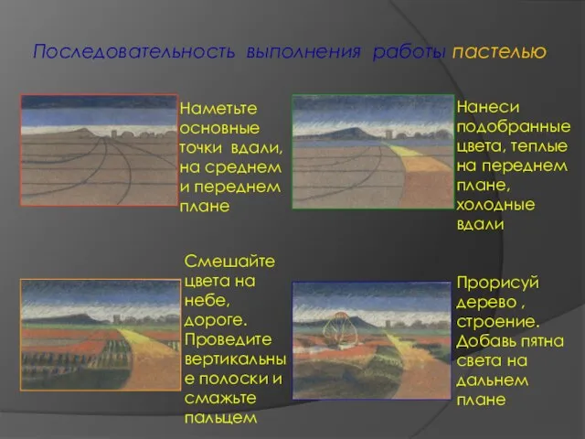 Последовательность выполнения работы пастелью Наметьте основные точки вдали, на среднем и переднем