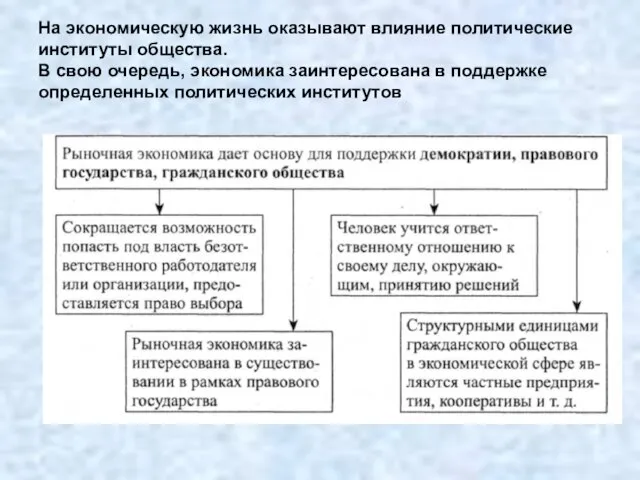 На экономическую жизнь оказывают влияние политические институты общества. В свою очередь, экономика