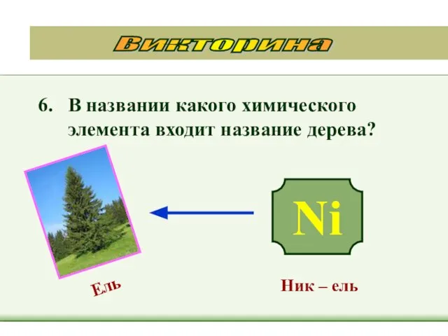 6. В названии какого химического элемента входит название дерева? Викторина Ni Ник – ель Ель