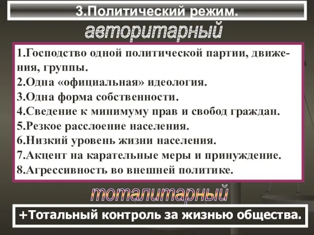 3.Политический режим. авторитарный 1.Господство одной политической партии, движе-ния, группы. 2.Одна «официальная» идеология.