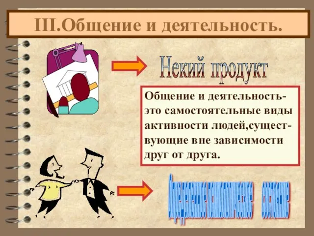 III.Общение и деятельность. Общение и деятельность- это самостоятельные виды активности людей,сущест- вующие