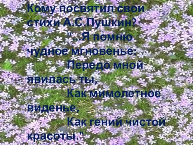 Кому посвятил свои стихи А.С.Пушкин? "...Я помню чудное мгновенье: Передо мной явилась