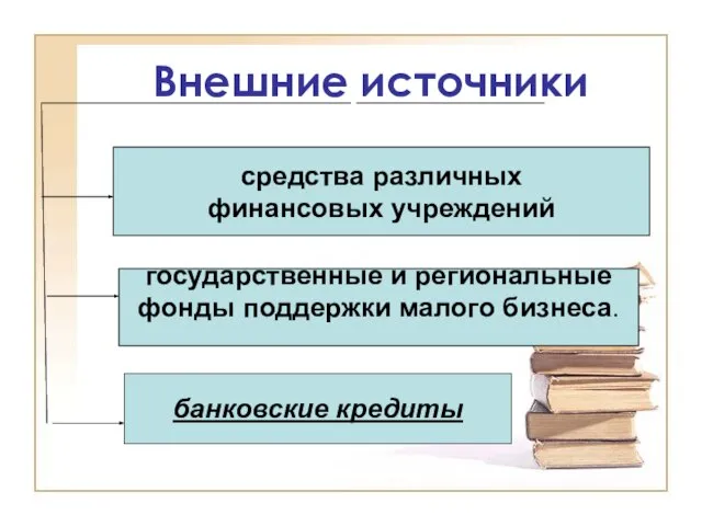 Внешние источники банковские кредиты государственные и региональные фонды поддержки малого бизнеса. средства различных финансовых учреждений