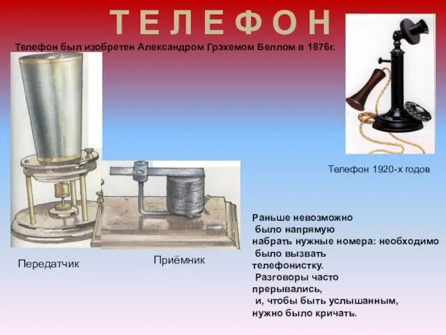 Телефон был изобретен Александром Грэхемом Беллом в 1876г. Раньше невозможно было напрямую