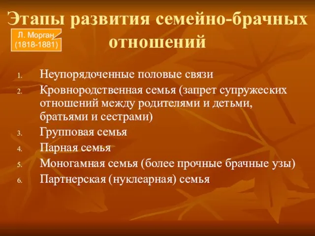 Этапы развития семейно-брачных отношений Неупорядоченные половые связи Кровнородственная семья (запрет супружеских отношений