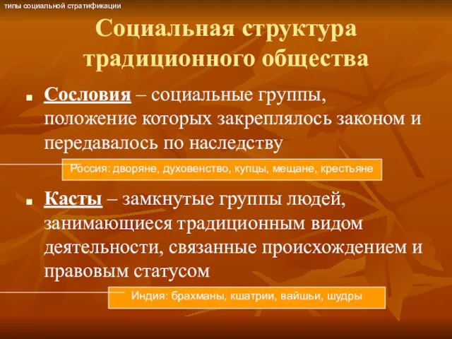 Социальная структура традиционного общества Сословия – социальные группы, положение которых закреплялось законом