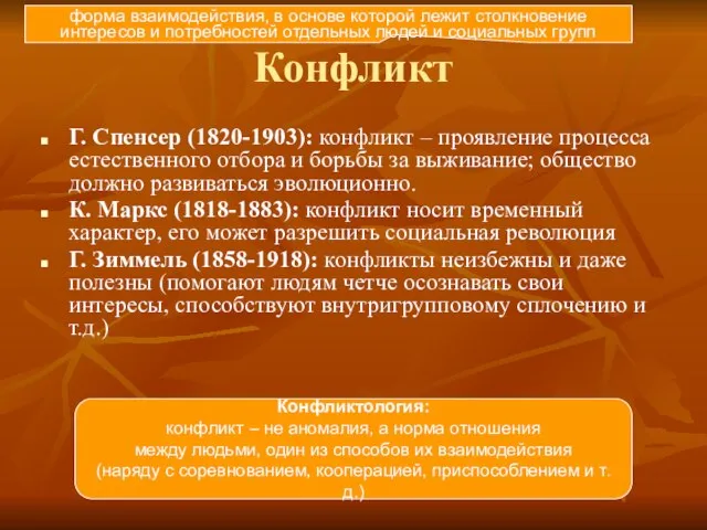 Конфликт Г. Спенсер (1820-1903): конфликт – проявление процесса естественного отбора и борьбы