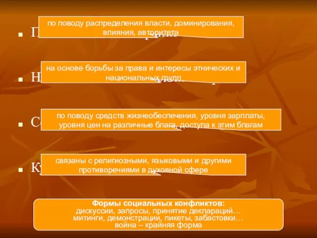 Политический конфликт Национально-этнический конфликт Социально-экономический конфликт Культурный конфликт по поводу распределения власти,