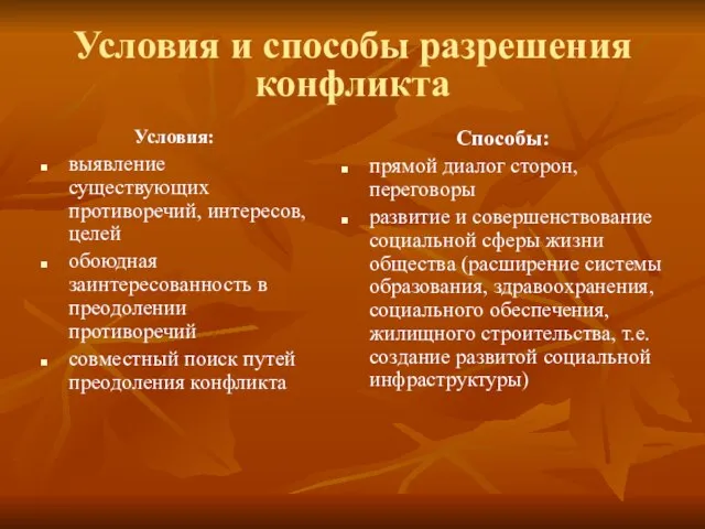 Условия и способы разрешения конфликта Условия: выявление существующих противоречий, интересов, целей обоюдная