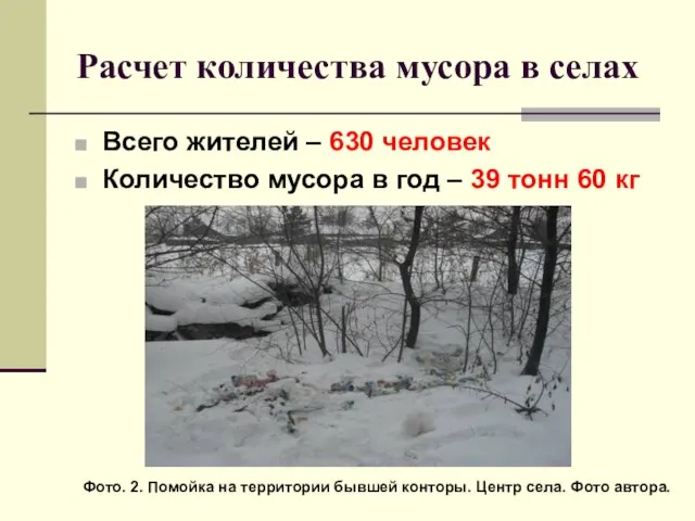 Расчет количества мусора в селах Всего жителей – 630 человек Количество мусора