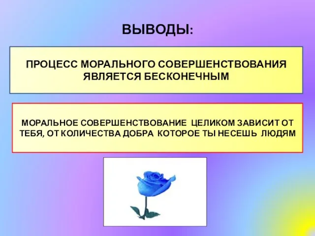 ВЫВОДЫ: ПРОЦЕСС МОРАЛЬНОГО СОВЕРШЕНСТВОВАНИЯ ЯВЛЯЕТСЯ БЕСКОНЕЧНЫМ МОРАЛЬНОЕ СОВЕРШЕНСТВОВАНИЕ ЦЕЛИКОМ ЗАВИСИТ ОТ ТЕБЯ,