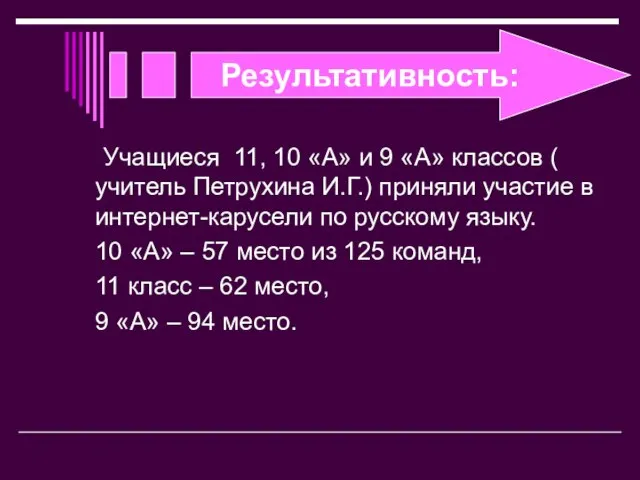 Результативность: Учащиеся 11, 10 «А» и 9 «А» классов ( учитель Петрухина