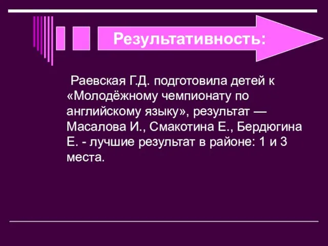 Результативность: Раевская Г.Д. подготовила детей к «Молодёжному чемпионату по английскому языку», результат