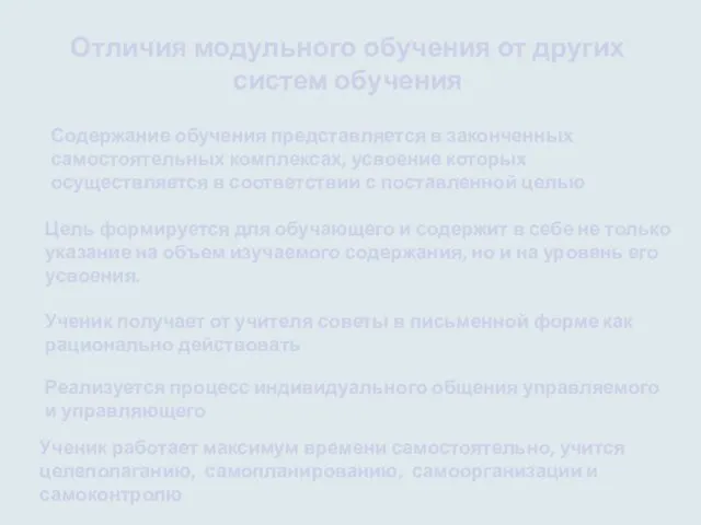 Отличия модульного обучения от других систем обучения Содержание обучения представляется в законченных