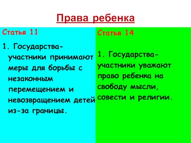 Права ребенка Статья 11 1. Государства-участники принимают меры для борьбы с незаконным