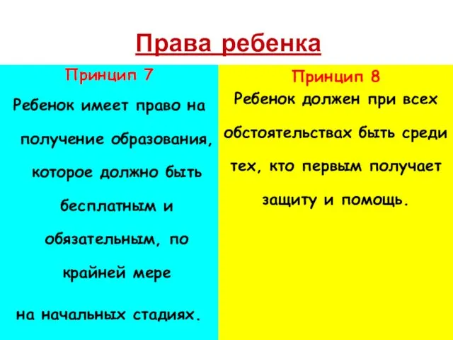 Права ребенка Принцип 7 Ребенок имеет право на получение образования, которое должно