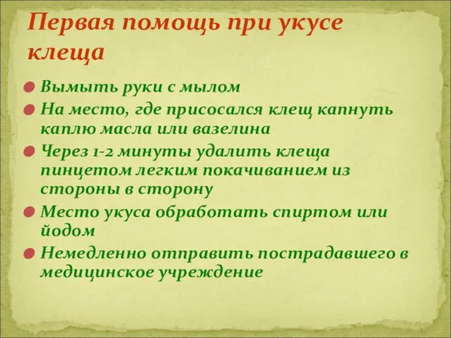 Вымыть руки с мылом На место, где присосался клещ капнуть каплю масла