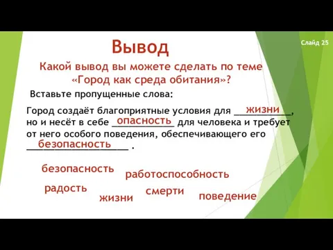 Вывод Какой вывод вы можете сделать по теме «Город как среда обитания»?