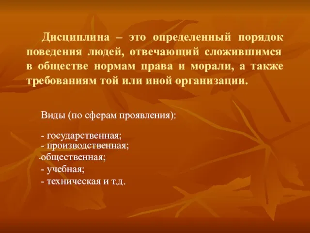 Дисциплина – это определенный порядок поведения людей, отвечающий сложившимся в обществе нормам