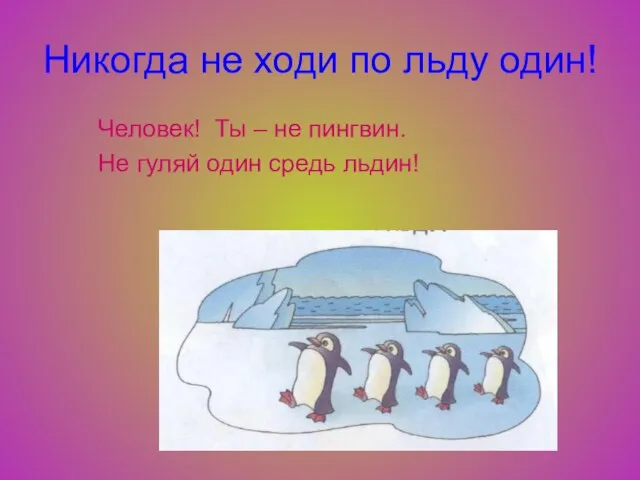 Никогда не ходи по льду один! Человек! Ты – не пингвин. Не гуляй один средь льдин!