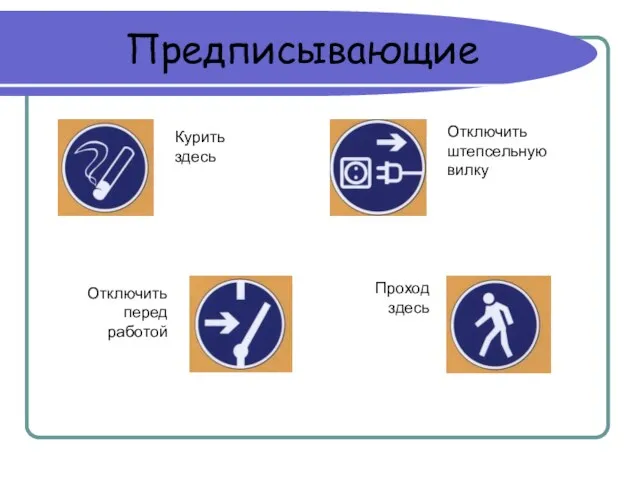 Предписывающие Курить здесь Отключить штепсельную вилку Отключить перед работой Проход здесь