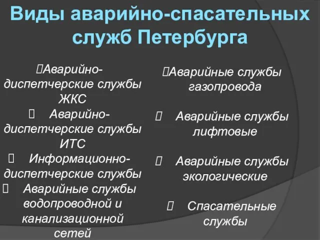 Виды аварийно-спасательных служб Петербурга Аварийно-диспетчерские службы ЖКС Аварийно-диспетчерские службы ИТС Информационно-диспетчерские службы