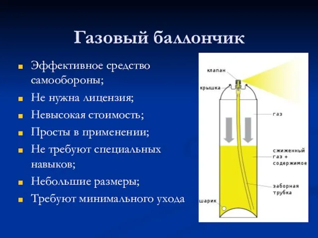 Газовый баллончик Эффективное средство самообороны; Не нужна лицензия; Невысокая стоимость; Просты в