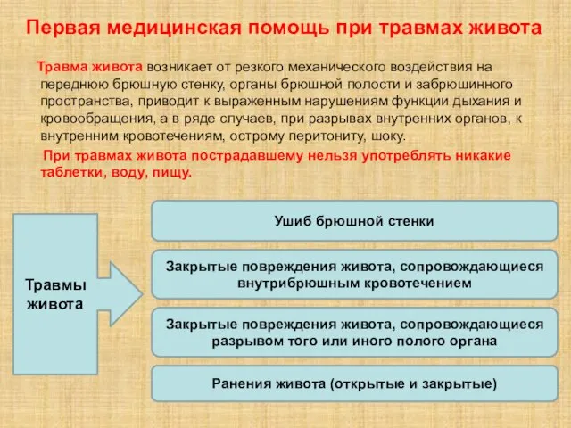 Первая медицинская помощь при травмах живота Травма живота возникает от резкого механического