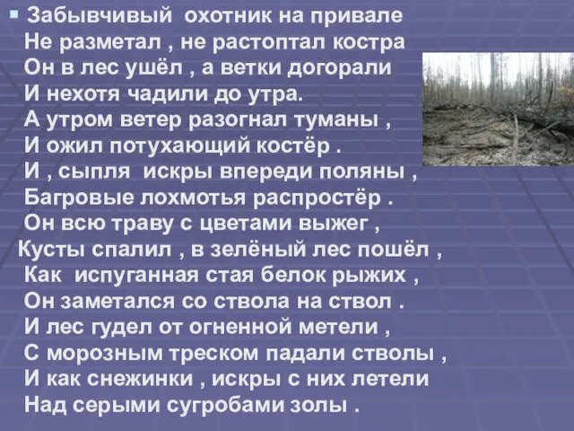 Забывчивый охотник на привале Не разметал , не растоптал костра Он в