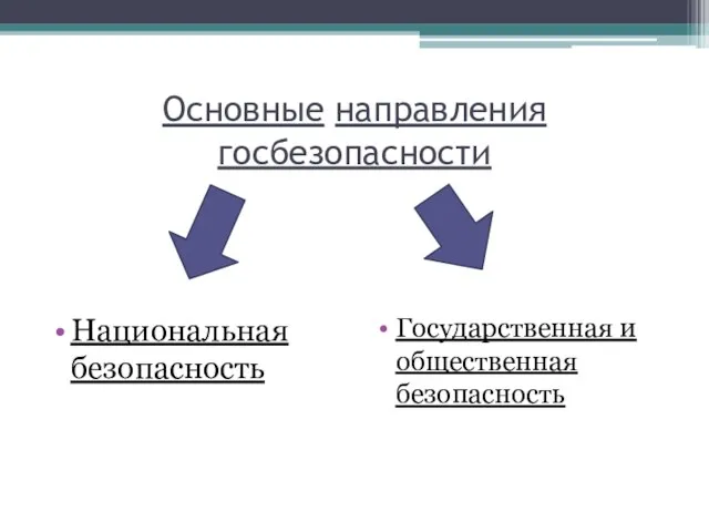 Основные направления госбезопасности Национальная безопасность Государственная и общественная безопасность