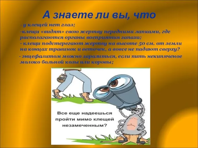 А знаете ли вы, что - у клещей нет глаз; -клещи «видят»