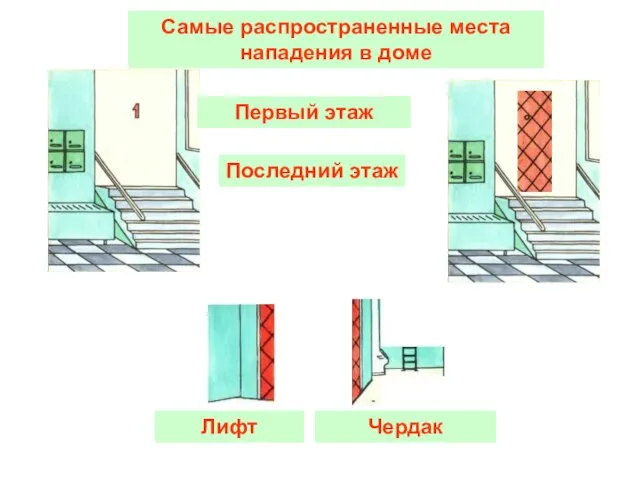 Первый этаж Самые распространенные места нападения в доме Последний этаж Лифт Чердак