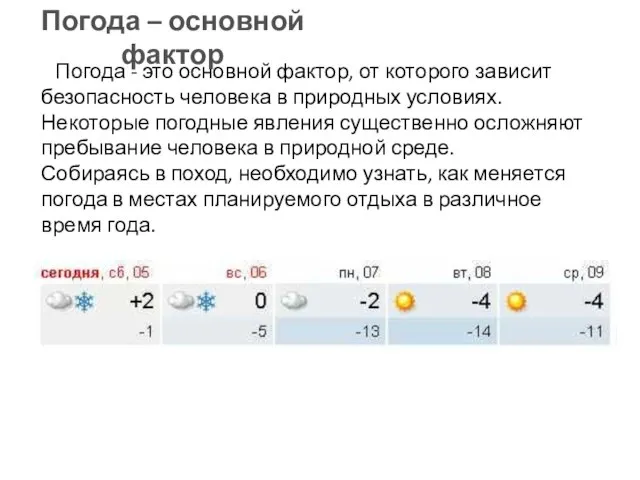 Погода - это основной фактор, от которого зависит безопасность человека в природных