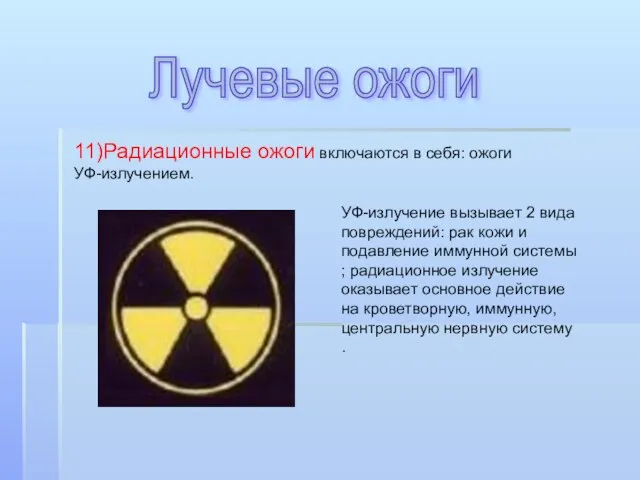 Лучевые ожоги 11)Радиационные ожоги включаются в себя: ожоги УФ-излучением. УФ-излучение вызывает 2