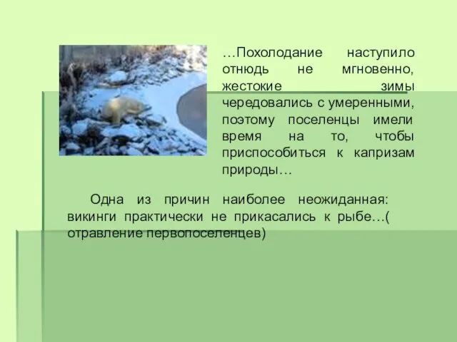 …Похолодание наступило отнюдь не мгновенно, жестокие зимы чередовались с умеренными, поэтому поселенцы