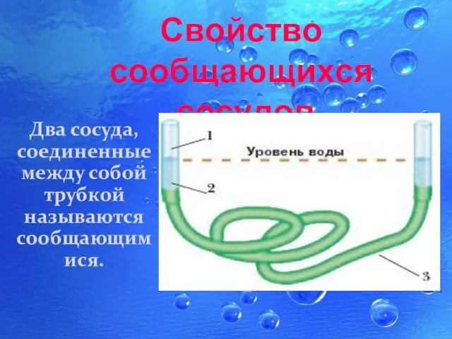 Свойство сообщающихся сосудов Два сосуда, соединенные между собой трубкой называются сообщающимися.