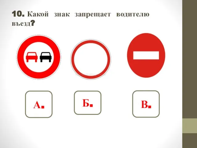 10. Какой знак запрещает водителю въезд? А. Б. В.