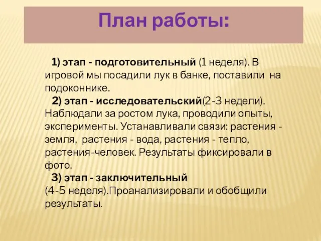 План работы: 1) этап - подготовительный (1 неделя). В игровой мы посадили