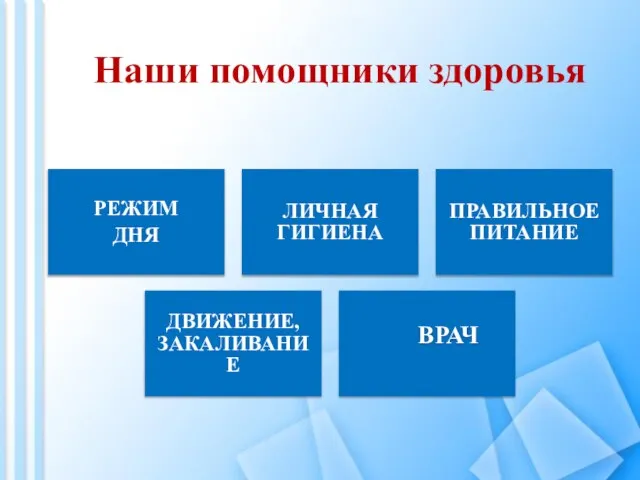 Наши помощники здоровья РЕЖИМ ДНЯ ЛИЧНАЯ ГИГИЕНА ПРАВИЛЬНОЕ ПИТАНИЕ ДВИЖЕНИЕ, ЗАКАЛИВАНИЕ ВРАЧ