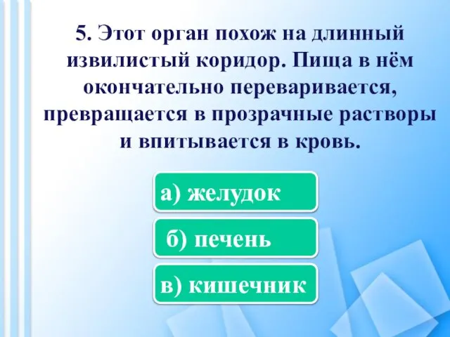 5. Этот орган похож на длинный извилистый коридор. Пища в нём окончательно