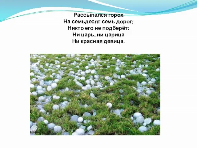 Рассыпался горох На семьдесят семь дорог; Никто его не подберёт: Ни царь,