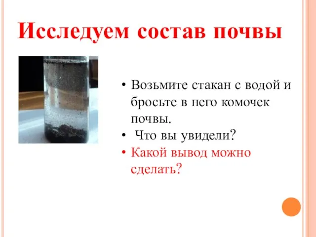 Возьмите стакан с водой и бросьте в него комочек почвы. Что вы